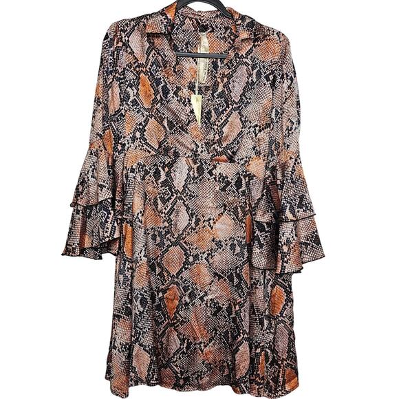 Uncle Frank Women's Satin Snake Print Mini Dress Sz M V-Neck Ruffle Bell Sleeves - Picture 1 of 9